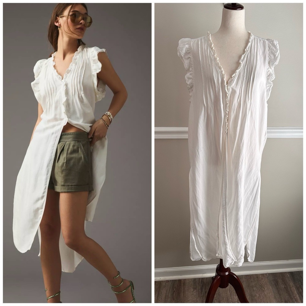 Anthropologie Ivory Long Ruffle Tunic L Linen Topper Boho Western Beach Duster